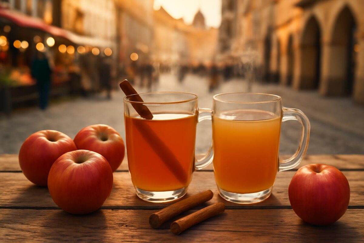 Teplý mošt a cider v hrncích na podzimním trhu v Praze