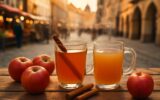 Teplý mošt a cider v hrncích na podzimním trhu v Praze