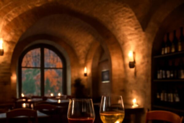 Sklenky vína a talíř v pražském wine & dine podniku