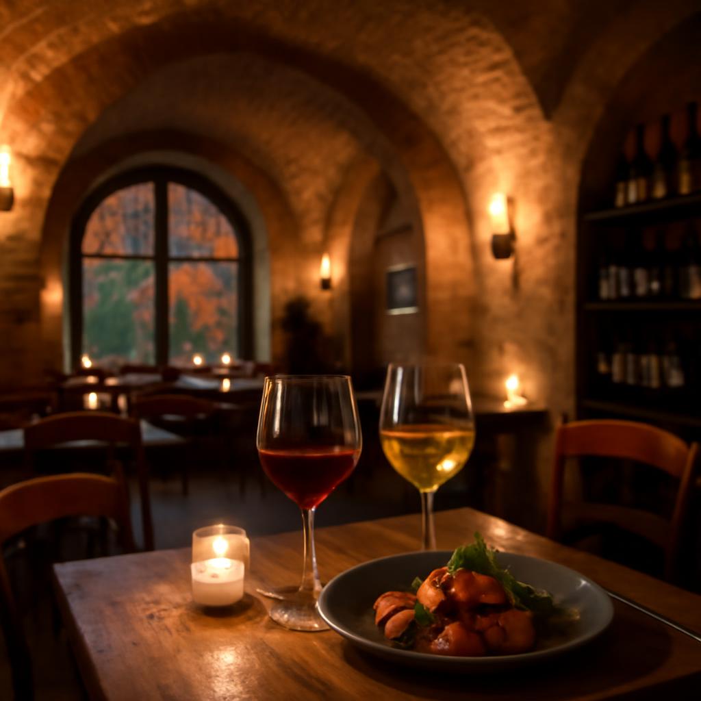 Sklenky vína a talíř v pražském wine & dine podniku
