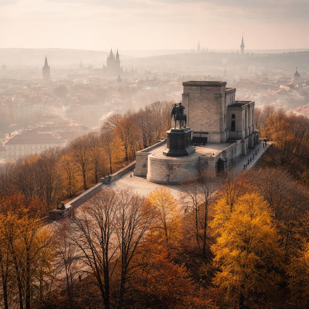 Vítkov a panorama Prahy v pozdním podzimu