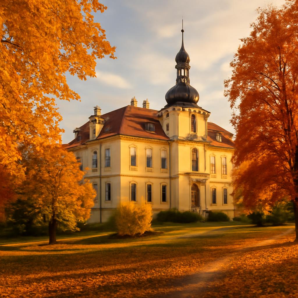 Libeňský zámek a park v podzimní Libni