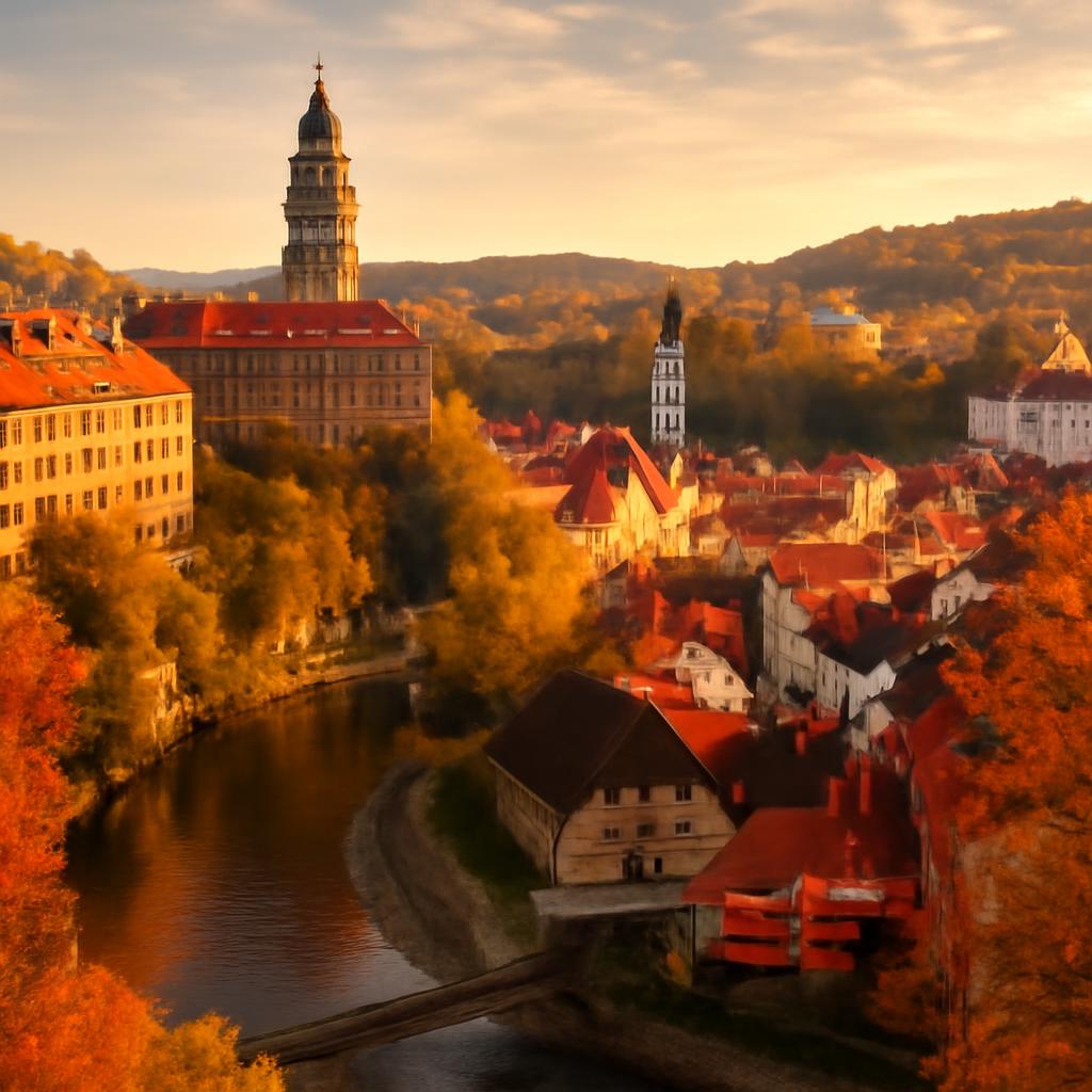 Český Krumlov na podzim s zámeckou věží a meandrem Vltavy