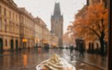 Šálek husté horké čokolády se šlehačkou v pražské kavárně za deštivého podzimu