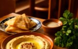 Hummus, falafel a pita na stole v pražské restauraci s blízkovýchodní kuchyní