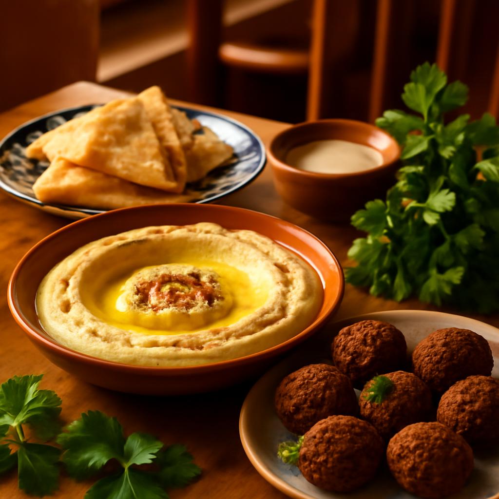 Hummus, falafel a pita na stole v pražské restauraci s blízkovýchodní kuchyní