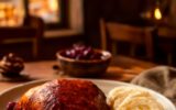 Pečená kachna se zelím a knedlíky v české restauraci