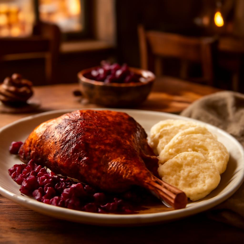 Pečená kachna se zelím a knedlíky v české restauraci