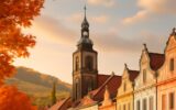 Podzimní náměstí v Litoměřicích s věží katedrály a vinicemi
