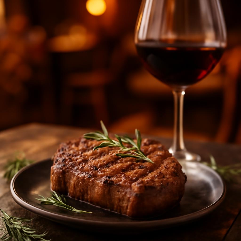 Grilovaný steak s rozmarýnem a sklenkou červeného vína
