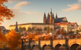 Podzimní Praha s Karlovým mostem a Pražským hradem při zlaté hodině