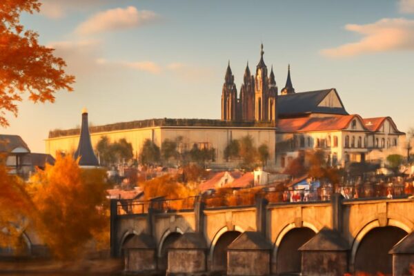 Podzimní Praha s Karlovým mostem a Pražským hradem při zlaté hodině