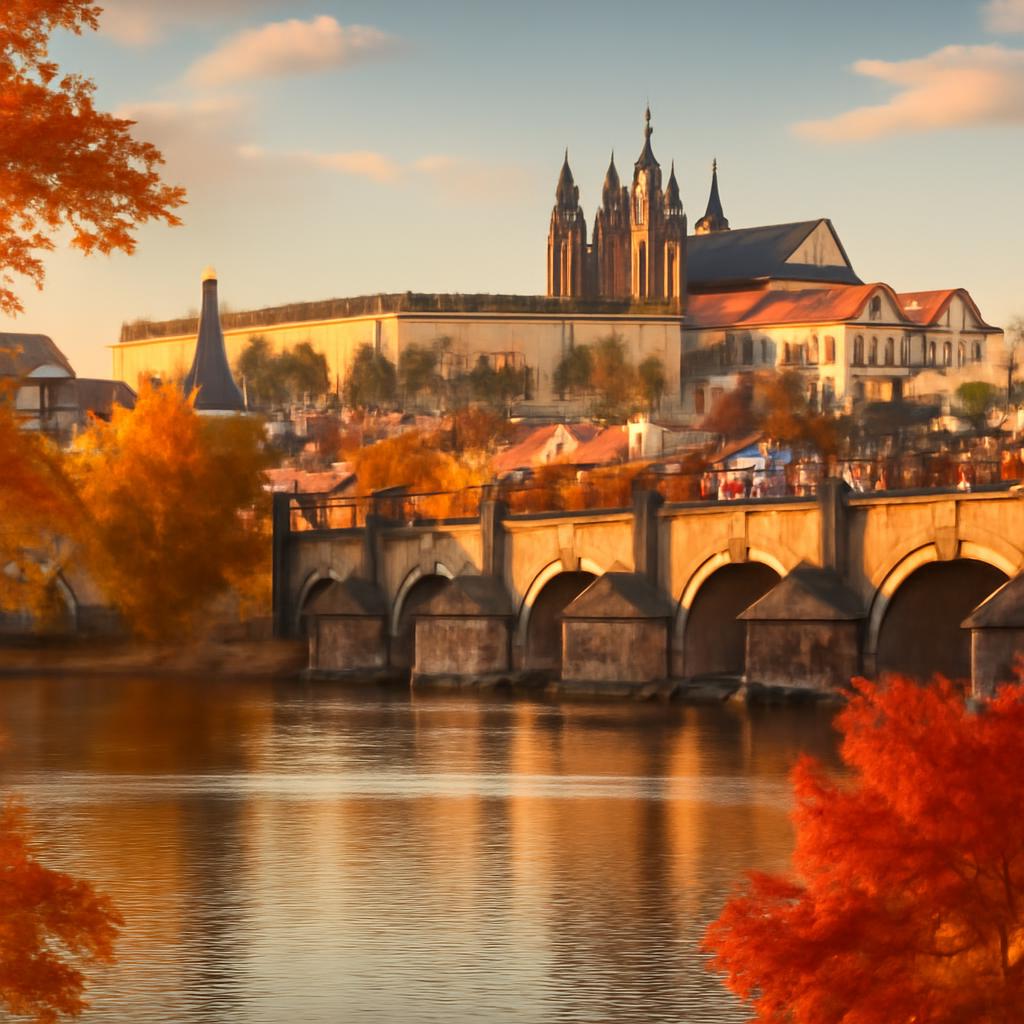Podzimní Praha s Karlovým mostem a Pražským hradem při zlaté hodině