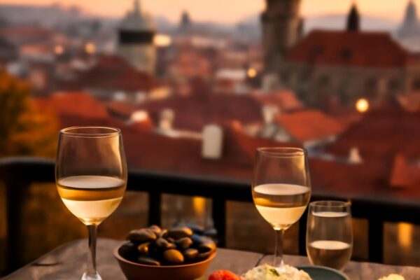 Řecké jídlo gyros, souvlaki a mezze na stole v Praze