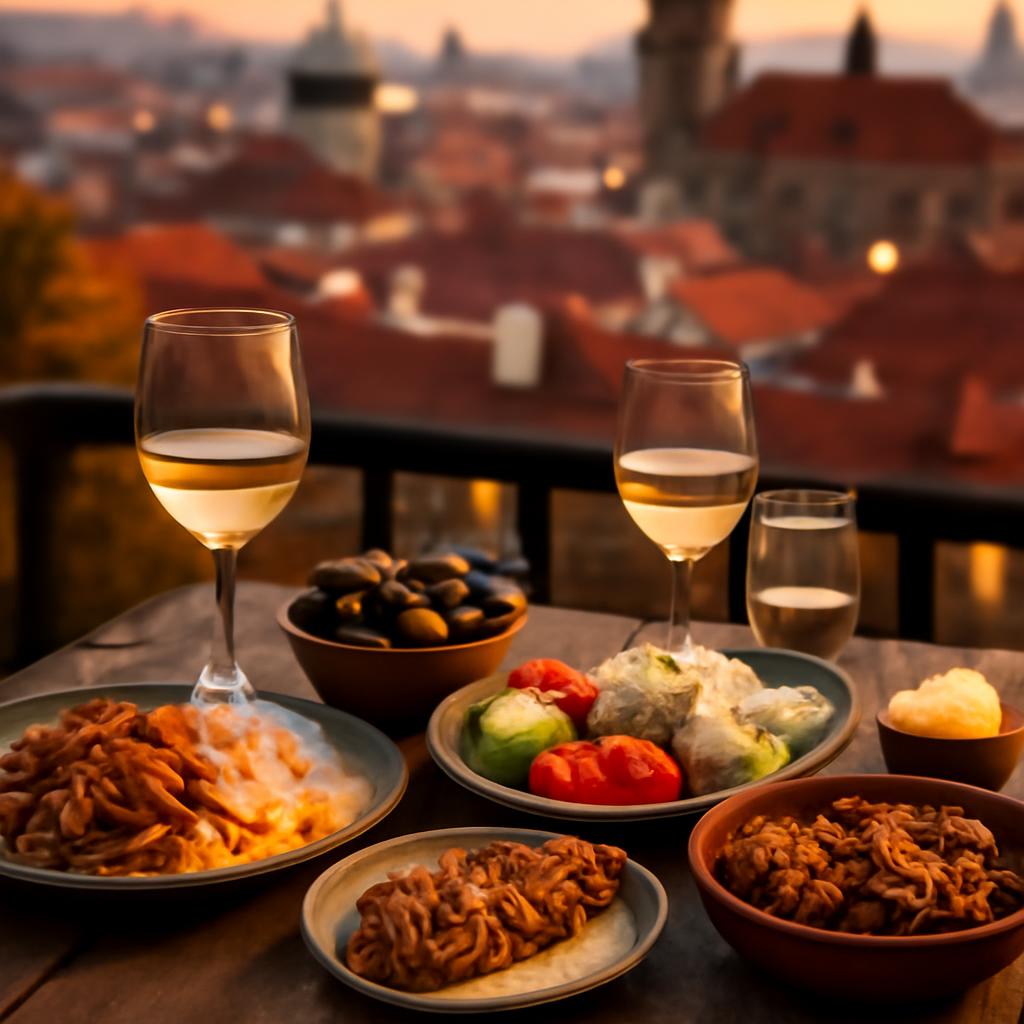 Řecké jídlo gyros, souvlaki a mezze na stole v Praze