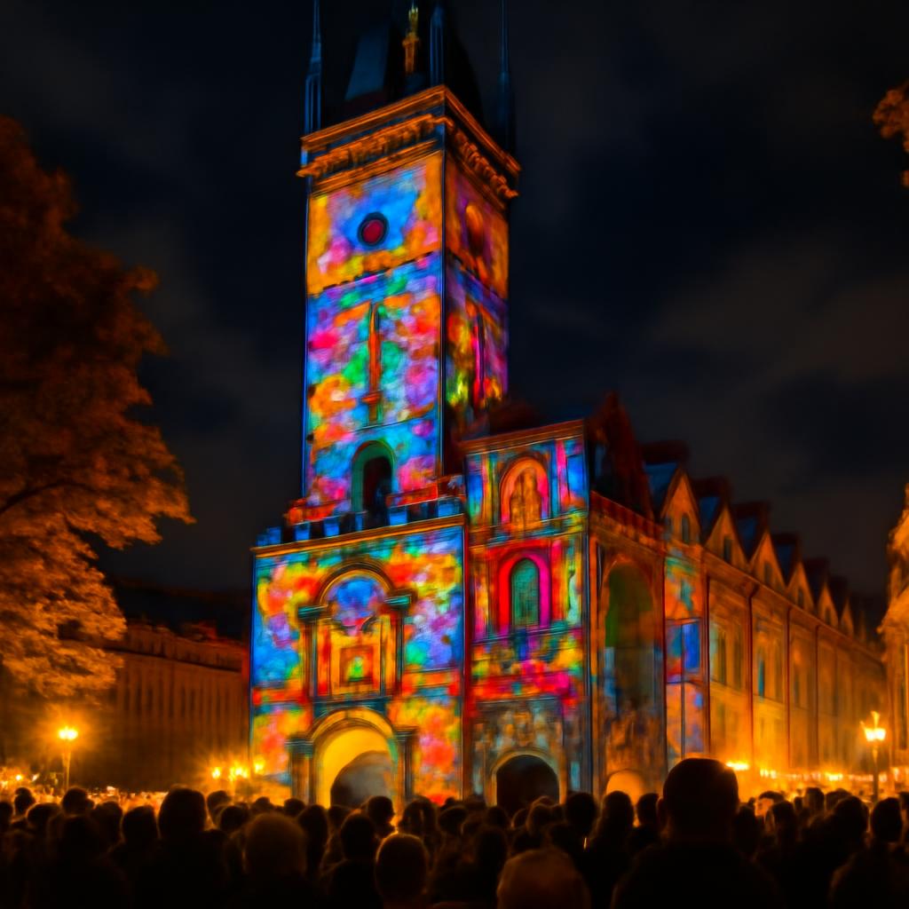 Světelná instalace a videomapping na historické budově v Praze během Signal Festivalu