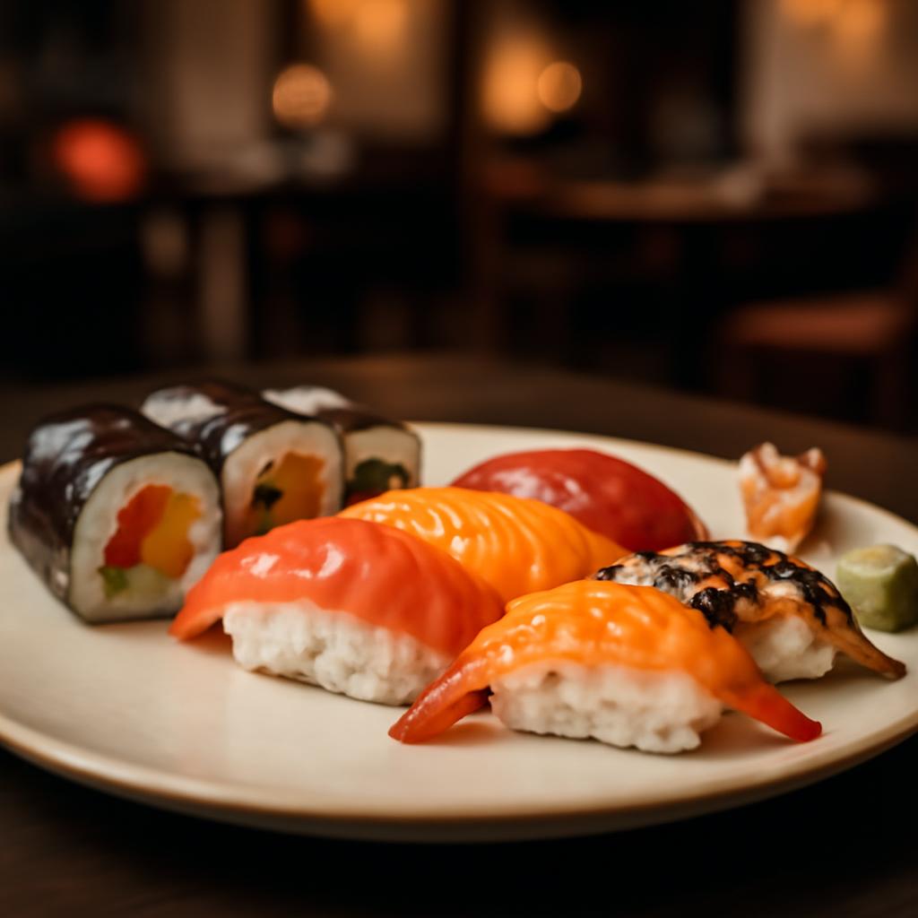 Talíř nigiri a sushi rolí v japonské restauraci v Praze