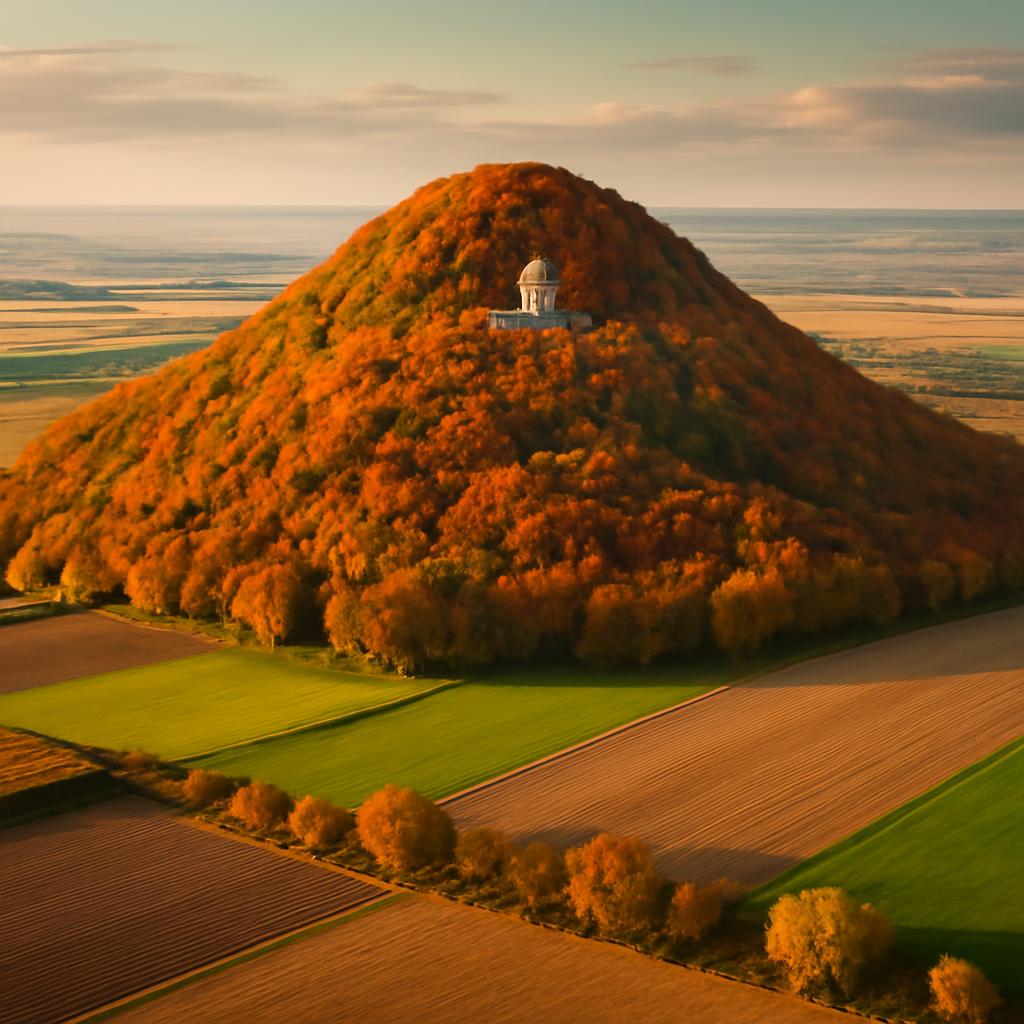 Hora Říp s rotundou na vrcholu v podzimní krajině
