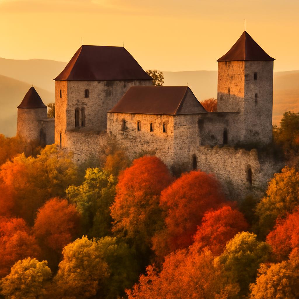 Hrad Točník na lesnatém hřebeni na podzim
